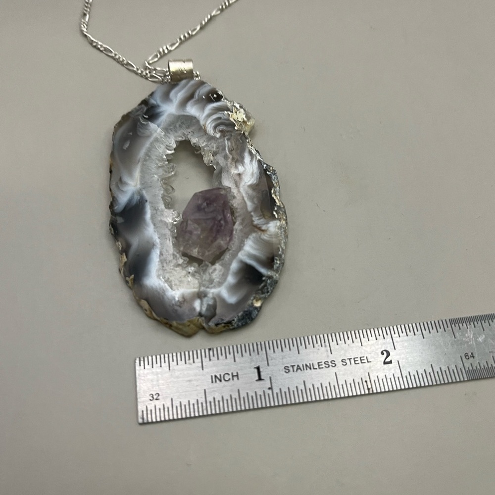 Purple and Silver Geode Banded Agate Slice Necklace - Picture 6 of 6